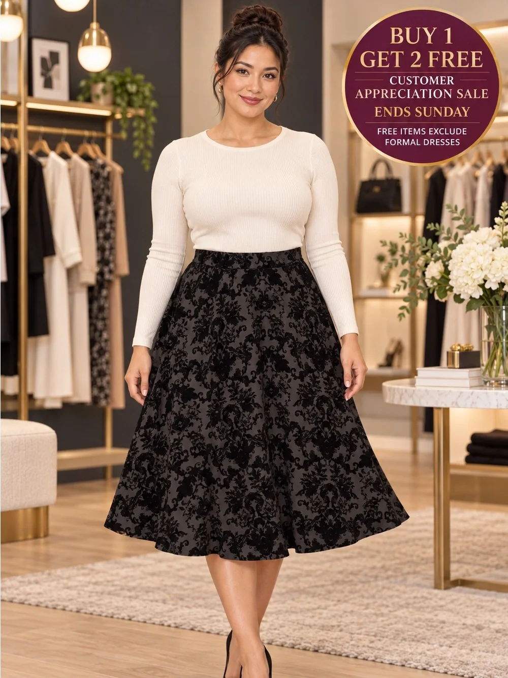 Faith and Joy by Monteau Skirt Size Large Black Velvet Floral Midi A-Line